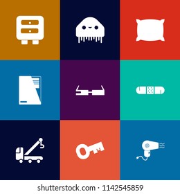 Modern, simple vector icon set on colorful flat backgrounds with furniture, tow, bed, sign, ufo, paper, space, extraterrestrial, health, dryer, pillow, document, medicine, cabinet, feather, home icons