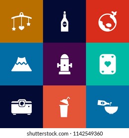 Modern, simple vector icon set on colorful flat backgrounds with flight, fire, crib, winery, restaurant, water, earth, nursery, toy, hydrant, bottle, newborn, projector, play, drink, fly, mobile icons