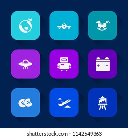 Modern, simple vector icon set on colorful long shadow backgrounds with play, snack, tourism, spaceship, transport, fly, baby, space, departure, concept, world, cookie, robot, alien, globe, art icons.