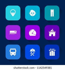 Modern, simple vector icon set on colorful long shadow backgrounds with architecture, cute, tower, child, motorbike, location, person, air, clothing, gift, box, work, business, motorcycle, map icons.