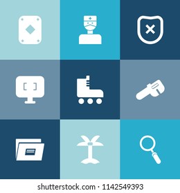 Modern, simple vector icon set on colorful blue backgrounds with black, stethoscope, nature, glass, monitor, summer, care, screen, protection, zoom, padlock, hammer, sign, play, repair, card icons