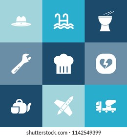 Modern, simple vector icon set on colorful blue backgrounds with sound, tool, spanner, mixer, chief, drink, hat, japanese, construction, wrench, restaurant, heart, hammer, spaceship, concrete icons