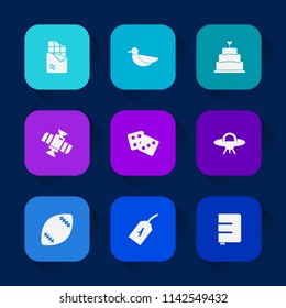 Modern, simple vector icon set on colorful long shadow backgrounds with tag, notebook, pastry, dark, gambling, space, wildlife, american, sign, success, nature, game, delicious, page, brown icons.