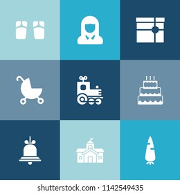 Modern, simple vector icon set on colorful blue backgrounds with vegetable, girl, fashion, flip, young, food, vacation, portrait, summer, locomotive, sweet, baby, beauty, present, carriage, raw icons