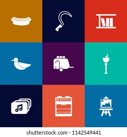 Modern, simple vector icon set on colorful flat backgrounds with kitchen, garden, wine, drawing, dinner, farm, transport, train, animal, agriculture, library, sickle, oven, eat, music, nature icons
