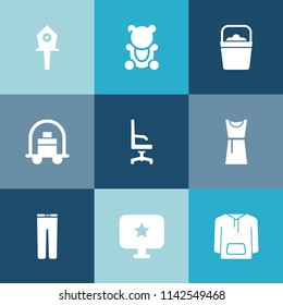 Modern, simple vector icon set on colorful blue backgrounds with wooden, house, bellboy, star, clothing, baggage, spring, nature, trousers, chair, fluffy, armchair, computer, childhood, fun, toy icons