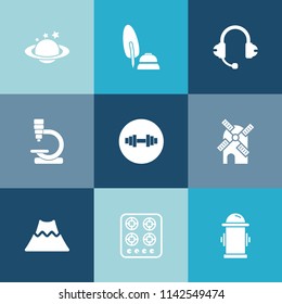 Modern, simple vector icon set on colorful blue backgrounds with oven, gym, black, paper, biology, astronomy, earth, landscape, water, fire, lava, crater, mountain, hydrant, safety, planet, wind icons