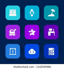 Modern, simple vector icon set on colorful long shadow backgrounds with technology, device, vacation, astronomy, buy, beach, sign, house, shape, modern, business, table, touch, palm, desk, cart icons.