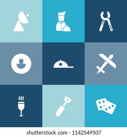 Modern, simple vector icon set on colorful blue backgrounds with sign, flight, cap, food, restaurant, drink, red, business, dinner, plane, alcohol, cooking, kitchen, antenna, profile, signal icons