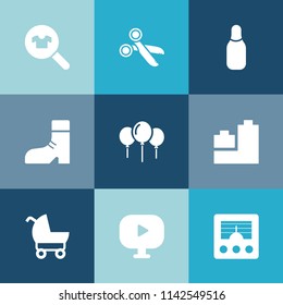 Modern, simple vector icon set on colorful blue backgrounds with antenna, celebration, media, foot, stroller, boot, fashion, competition, speed, baby, tool, cone, bear, play, sport, paper, pram icons