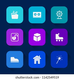 Modern, simple vector icon set on colorful long shadow backgrounds with open, safe, sport, skate, park, travel, house, eye, safety, square, ferris, skating, fun, video, lock, holiday, wand, web icons.