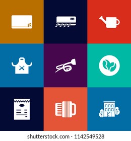 Modern, simple vector icon set on colorful flat backgrounds with garden, education, board, chalk, business, food, conditioner, sign, menu, tool, chief, estate, sound, conditioning, musical, head icons