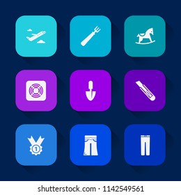 Modern, simple vector icon set on colorful long shadow backgrounds with meal, trip, sign, fan, kitchen, ventilator, trousers, horse, aircraft, cooling, knife, spoon, wooden, departure, work icons.