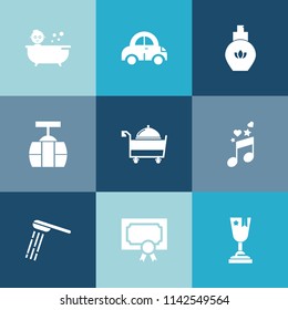 Modern, simple vector icon set on colorful blue backgrounds with female, shower, baby, hygiene, diploma, note, place, certificate, kid, drive, automobile, child, train, award, cute, vehicle, sky icons