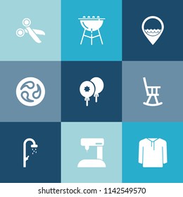 Modern, simple vector icon set on colorful blue backgrounds with mon, clothing, hygiene, office, grill, map, food, meat, cut, grilled, black, sew, celebration, location, equipment, fashion, hot icons