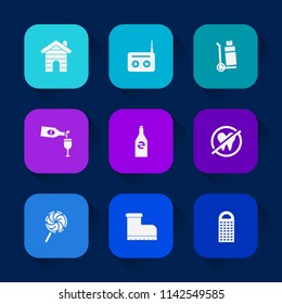 Modern, simple vector icon set on colorful long shadow backgrounds with cooking, candy, bottle, food, technology, white, broadcast, music, cheese, media, alcohol, style, sweet, liquid, leather icons.