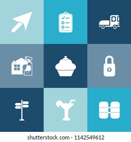 Modern, simple vector icon set on colorful blue backgrounds with cursor, document, sign, delivery, check, food, cylinder, clean, cargo, direction, click, street, alcohol, cake, mark, arrow, list icons