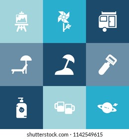 Modern, simple vector icon set on colorful blue backgrounds with paint, paintbrush, drawing, chair, tool, vegetable, peeler, travel, fun, artist, pub, alcohol, beer, nature, journey, floral, sea icons