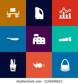Modern, simple vector icon set on colorful flat backgrounds with kitchen, chart, fashion, can, bag, city, fun, space, health, top, flashlight, knife, hygiene, white, finance, table, architecture icons