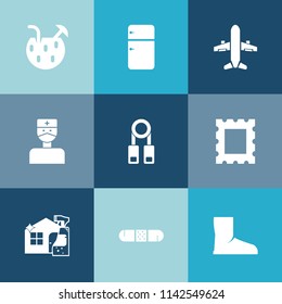 Modern, simple vector icon set on colorful blue backgrounds with kitchen, drink, alcohol, boot, school, cleaner, medical, health, frame, picture, fridge, blank, care, housework, travel, person icons