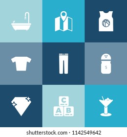 Modern, simple vector icon set on colorful blue backgrounds with ingredient, city, glass, shower, trousers, team, drink, pants, toy, fashion, gps, clothes, cocktail, bathroom, toilet, diamond icons
