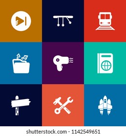 Modern, simple vector icon set on colorful flat backgrounds with modern, file, passport, craft, equipment, document, business, internet, spanner, train, spaceship, music, transportation, hair icons