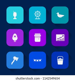 Modern, simple vector icon set on colorful long shadow backgrounds with lime, drink, beverage, park, nature, wildlife, fun, ferris, concept, axe, london, graph, bird, glass, alcohol, business icons.