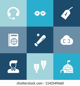 Modern, simple vector icon set on colorful blue backgrounds with fly, boy, music, league, plane, baseball, ball, listen, cloud, speaker, retro, summer, boho, igloo, equipment, man, travel, sign icons