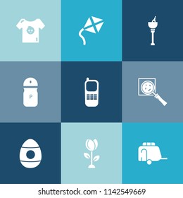 Modern, simple vector icon set on colorful blue backgrounds with kite, pepper, search, salt, kid, fashion, business, nature, sky, boy, telephone, floral, toy, child, food, alcohol, train, baby icons