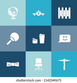 Modern, simple vector icon set on colorful blue backgrounds with geography, armchair, transport, fence, barrier, world, cafe, chair, trip, transportation, aircraft, flight, sport, fashion, globe icons