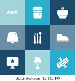 Modern, simple vector icon set on colorful blue backgrounds with table, nutrition, fashion, celebration, healthy, honey, notification, computer, star, spoon, planet, jam, happy, food, sign, pot icons