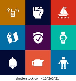 Modern, simple vector icon set on colorful flat backgrounds with board, wind, time, watch, surfing, map, computer, robot, water, communication, location, concept, business, navigation, road, gps icons