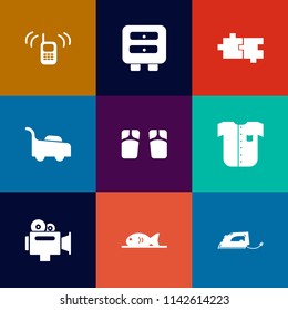 Modern, simple vector icon set on colorful flat backgrounds with support, shirt, beach, footwear, meat, ringing, furniture, electric, work, lawn, business, video, cabinet, sign, phone, mower icons