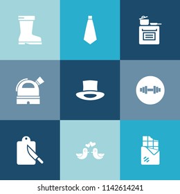 Modern, simple vector icon set on colorful blue backgrounds with animal, domestic, sign, pigeon, sweet, leather, fashion, cook, white, style, equipment, restaurant, cutlery, foot, suit, fork icons