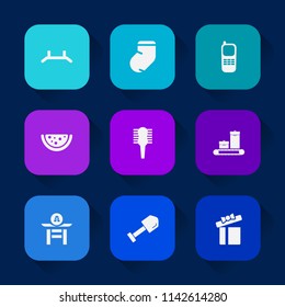 Modern, simple vector icon set on colorful long shadow backgrounds with gray, banner, celebration, business, hair, up, bag, equipment, fashion, shovel, communication, comb, jersey, drum, brush icons.