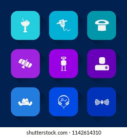 Modern, simple vector icon set on colorful long shadow backgrounds with elegance, contact, person, drill, hat, electric, bow, tie, equipment, lime, glass, power, human, space, clothing, music icons.