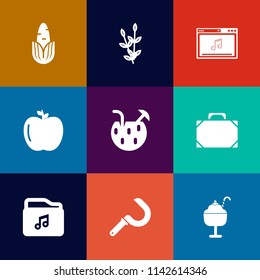 Modern, simple vector icon set on colorful flat backgrounds with diet, online, farming, bag, apple, vegetarian, fresh, nutrition, agriculture, media, music, organic, leather, cream, drink, ice icons