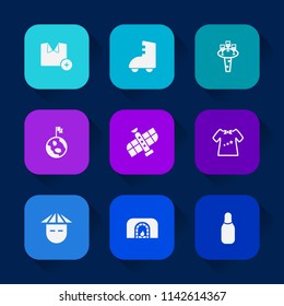 Modern, simple vector icon set on colorful long shadow backgrounds with casual, wine, young, warm, baby, cotton, template, globe, ball, fashion, fire, nature, orbit, sport, kid, skating, white icons.