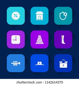 Modern, simple vector icon set on colorful long shadow backgrounds with cowboy, fashion, sport, coupon, sign, timer, hat, sound, texas, market, tag, pack, silhouette, background, security, sale icons.