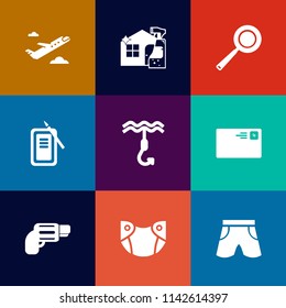 Modern, simple vector icon set on colorful flat backgrounds with pan, housework, food, suzuri, handgun, shorts, diaper, airport, kitchen, transportation, fashion, ink, template, pistol, inkstone icons