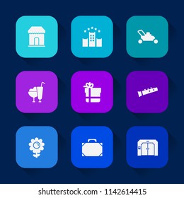 Modern, simple vector icon set on colorful long shadow backgrounds with cut, bag, gift, mover, leather, musical, elevator, gardening, retail, box, sweet, object, equipment, fashion, garden, ice icons.