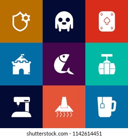 Modern, simple vector icon set on colorful flat backgrounds with creature, food, alien, settings, security, white, fashion, casino, monster, hood, seafood, train, sewing, space, business, fish icons