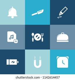 Modern, simple vector icon set on colorful blue backgrounds with meal, spoon, add, service, ring, watch, alarm, business, clock, hour, energy, file, electricity, pencil, pen, sign, kitchen, fork icons