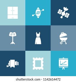 Modern, simple vector icon set on colorful blue backgrounds with sausage, clothing, meat, transportation, beauty, grill, yacht, wireless, dress, sailboat, report, sign, barbecue, female, ship icons