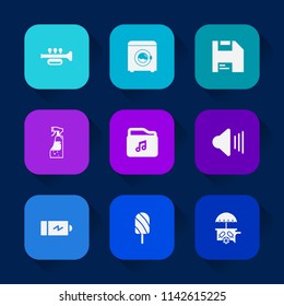 Modern, simple vector icon set on colorful long shadow backgrounds with cream, sign, laundry, document, file, music, food, clean, cleaning, dessert, electricity, full, disk, sound, trumpet, web icons.