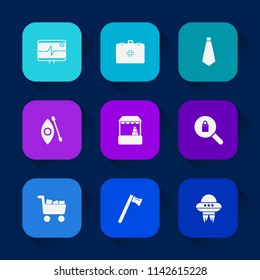 Modern, simple vector icon set on colorful long shadow backgrounds with adventure, kayaking, suit, space, tool, clothes, necktie, market, aid, female, life, spaceship, grocery, sign, cart, lake icons.