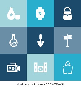Modern, simple vector icon set on colorful blue backgrounds with seafood, watch, rice, speaker, wireless, cuisine, fashion, handle, road, equipment, cinema, tool, technology, japanese, smart,  icons