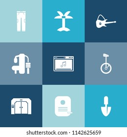 Modern, simple vector icon set on colorful blue backgrounds with internet, jeans, tree, machine, bike, leaf, exercise, fashion, weight, sport, natural, wear, plant, sound, circus, musical, media icons