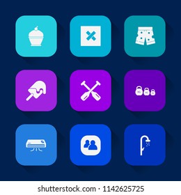 Modern, simple vector icon set on colorful long shadow backgrounds with food, dessert, wear, cake, oar, template, pie, weight, short, conditioner, bathroom, water, social, shorts, fashion, sign icons.