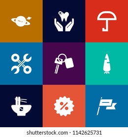 Modern, simple vector icon set on colorful flat backgrounds with country, meal, mouth, universe, planet, dentistry, healthy, hygiene, reparation, wind, noodle, sign, tool, dentist, galaxy, care icons